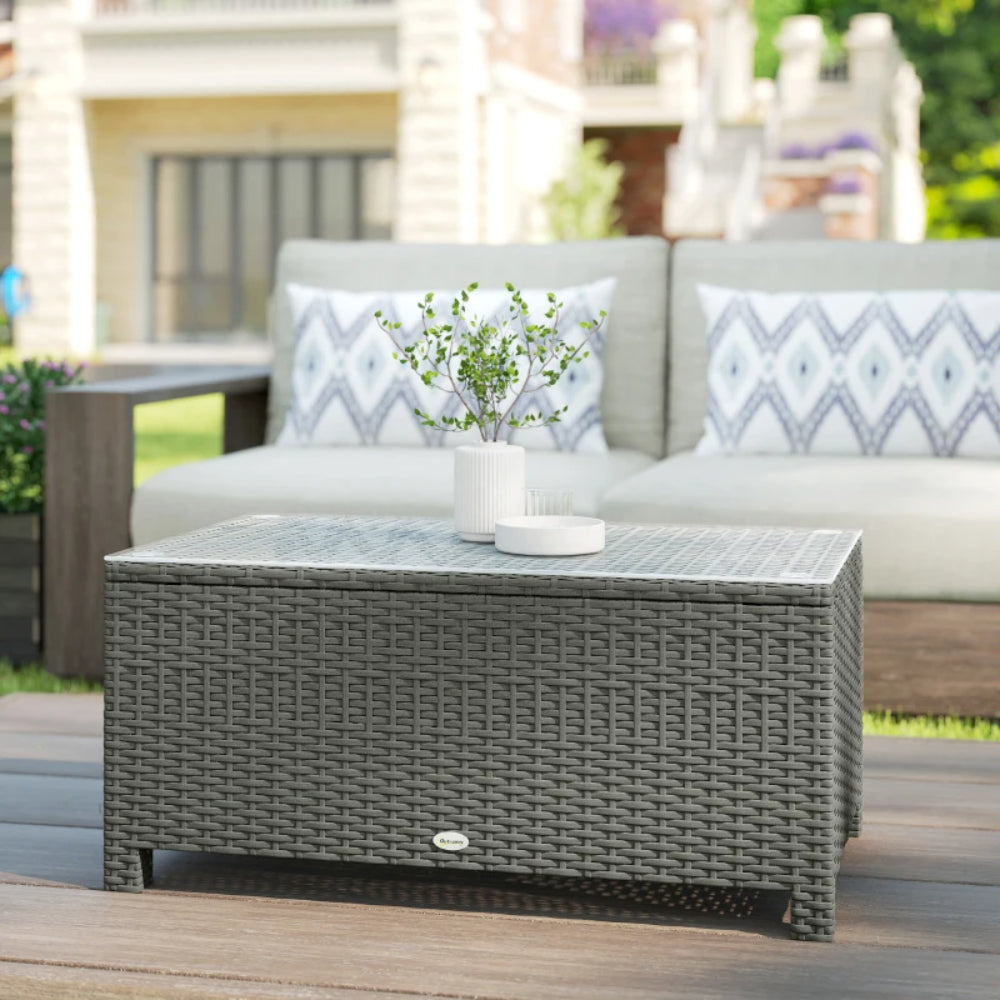 Outsunny PE Rattan Garden Coffee Table, with Glass Table Top