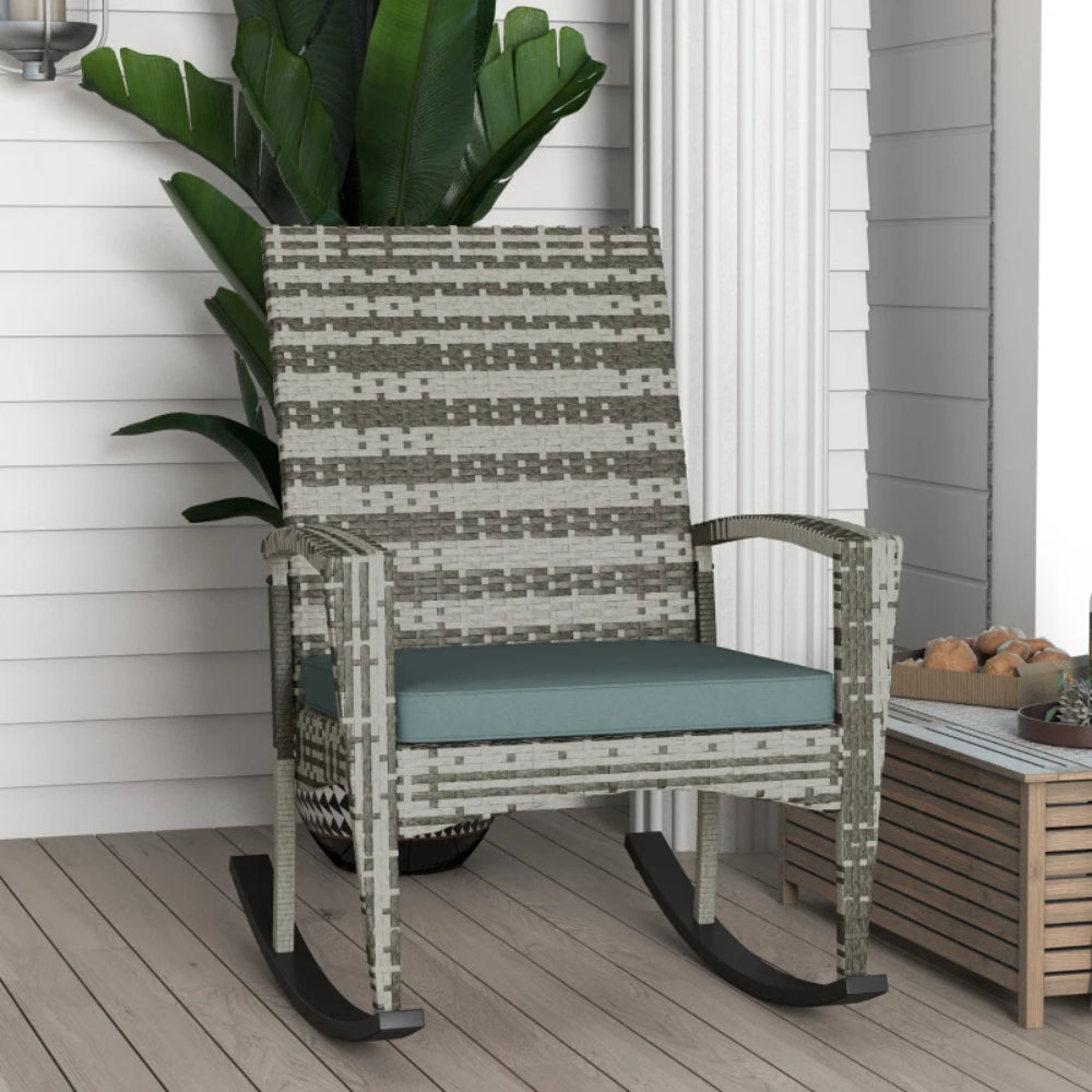Outsunny PE Rattan Garden Rocking Chair, Outdoor Rocking with Cushion, 160 KG Capacity Wicker Garden Armchair Rocker with Metal Frame for Patio, Porch, Balcony