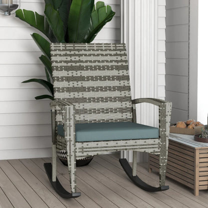 Outsunny PE Rattan Garden Rocking Chair, Outdoor Rocking with Cushion, 160 KG Capacity Wicker Garden Armchair Rocker with Metal Frame for Patio, Porch, Balcony