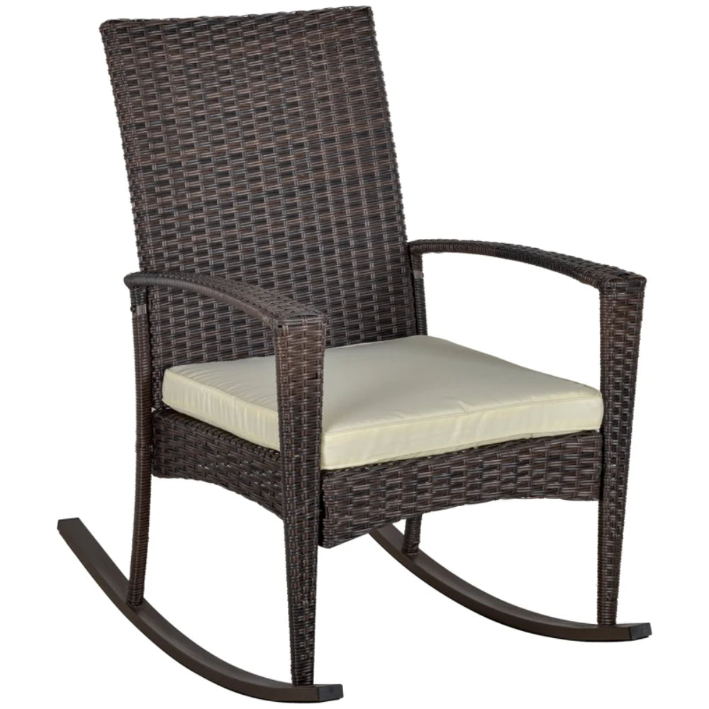 Outsunny PE Rattan Garden Rocking Chair, Outdoor Rocking with Cushion, 160 KG Capacity Wicker Garden Armchair Rocker with Metal Frame for Patio, Porch, Balcony