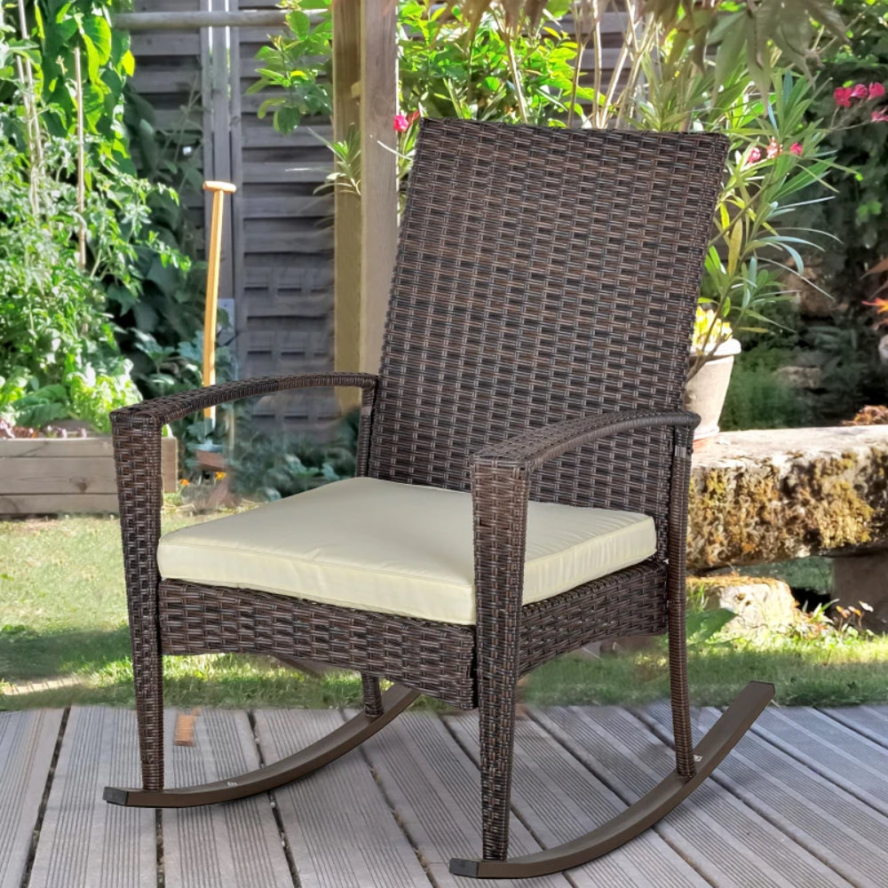 Outsunny PE Rattan Garden Rocking Chair, Outdoor Rocking with Cushion, 160 KG Capacity Wicker Garden Armchair Rocker with Metal Frame for Patio, Porch, Balcony