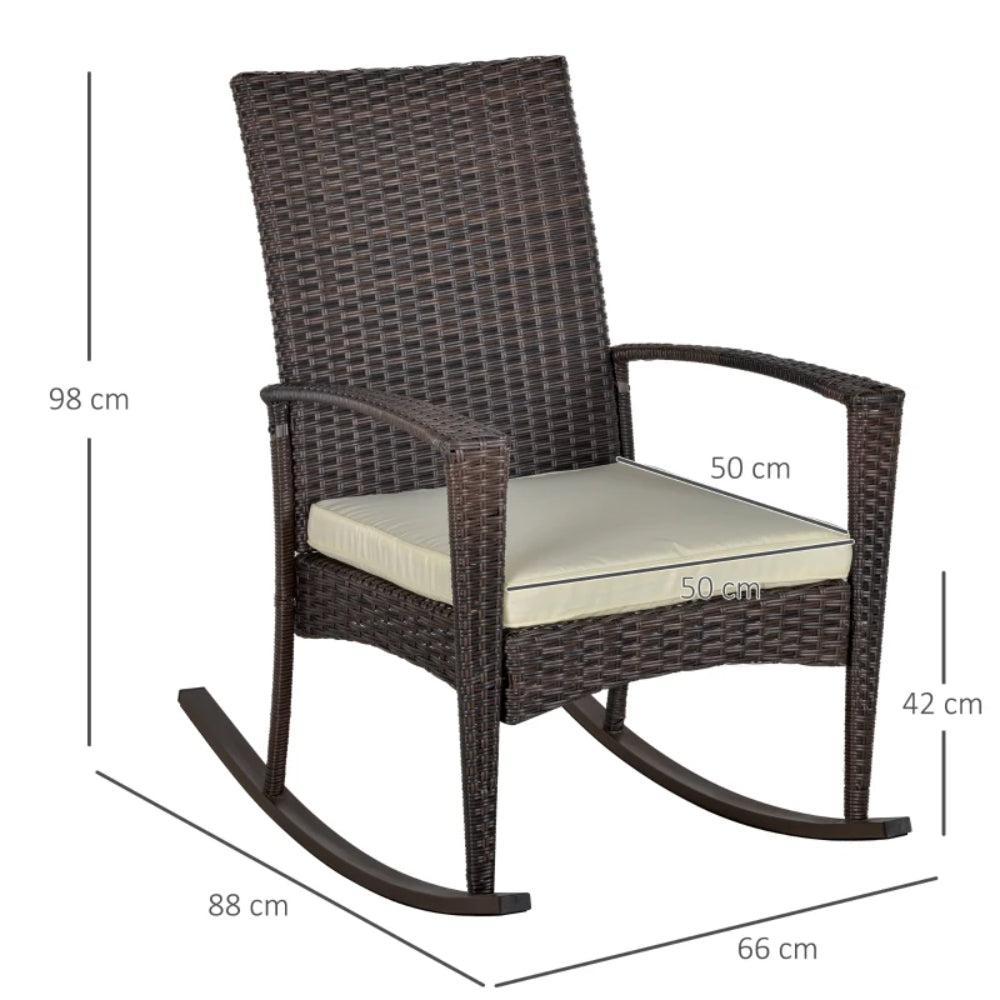 Outsunny PE Rattan Garden Rocking Chair, Outdoor Rocking with Cushion, 160 KG Capacity Wicker Garden Armchair Rocker with Metal Frame for Patio, Porch, Balcony