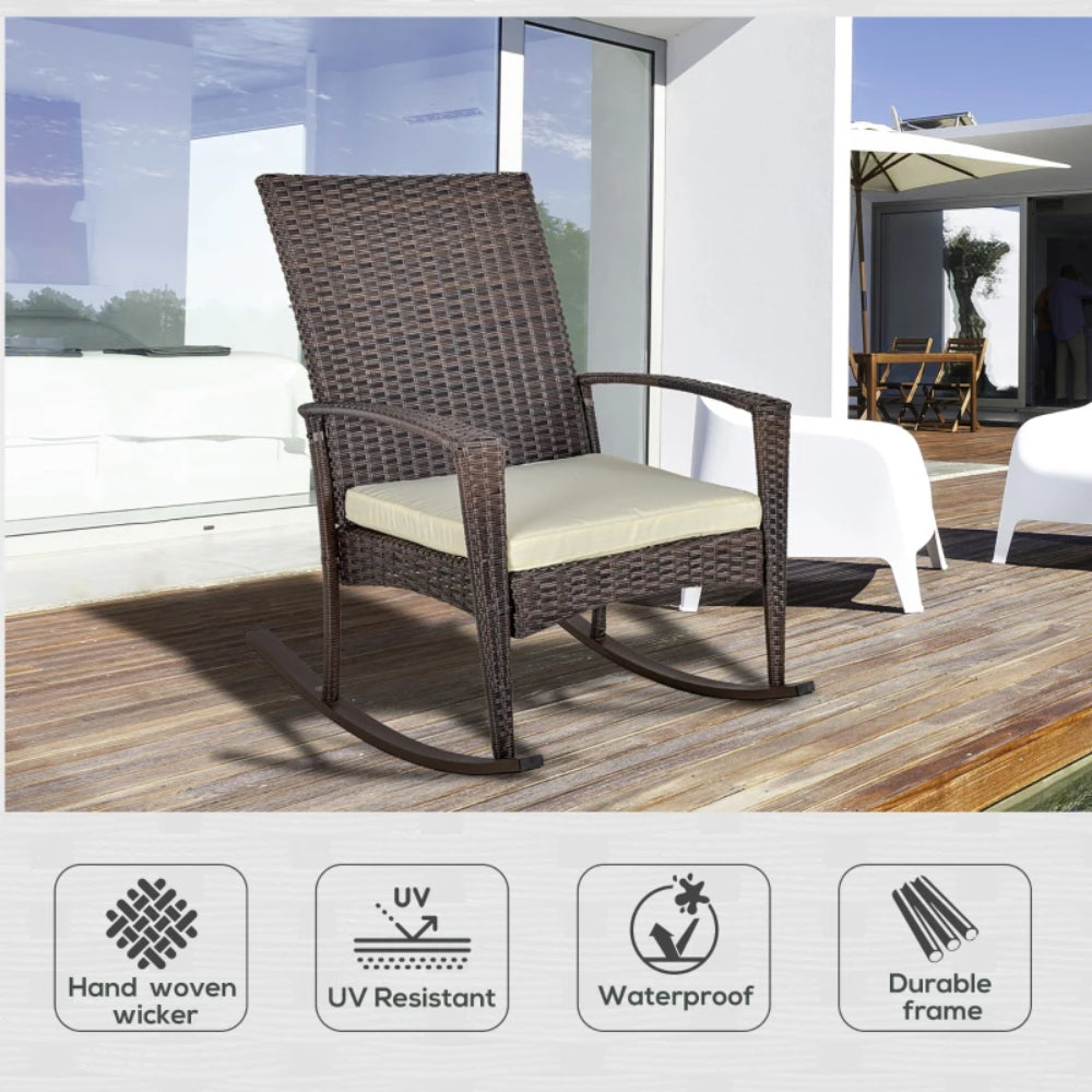 Outsunny PE Rattan Garden Rocking Chair, Outdoor Rocking with Cushion, 160 KG Capacity Wicker Garden Armchair Rocker with Metal Frame for Patio, Porch, Balcony