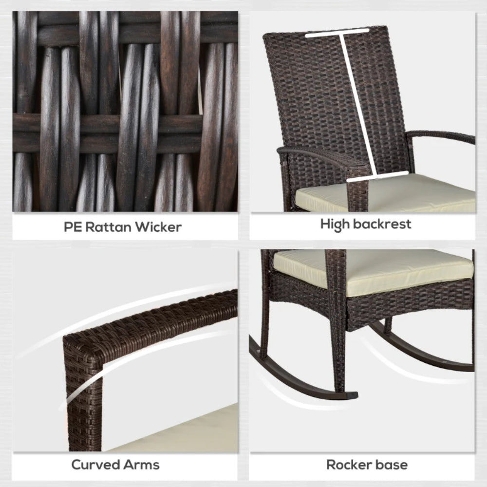 Outsunny PE Rattan Garden Rocking Chair, Outdoor Rocking with Cushion, 160 KG Capacity Wicker Garden Armchair Rocker with Metal Frame for Patio, Porch, Balcony