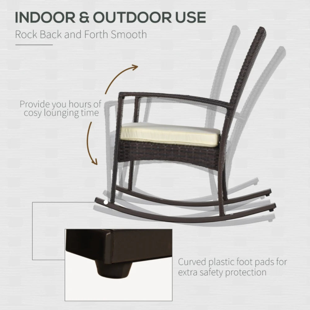Outsunny PE Rattan Garden Rocking Chair, Outdoor Rocking with Cushion, 160 KG Capacity Wicker Garden Armchair Rocker with Metal Frame for Patio, Porch, Balcony