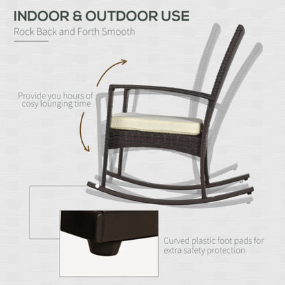 Outsunny PE Rattan Garden Rocking Chair, Outdoor Rocking with Cushion, 160 KG Capacity Wicker Garden Armchair Rocker with Metal Frame for Patio, Porch, Balcony