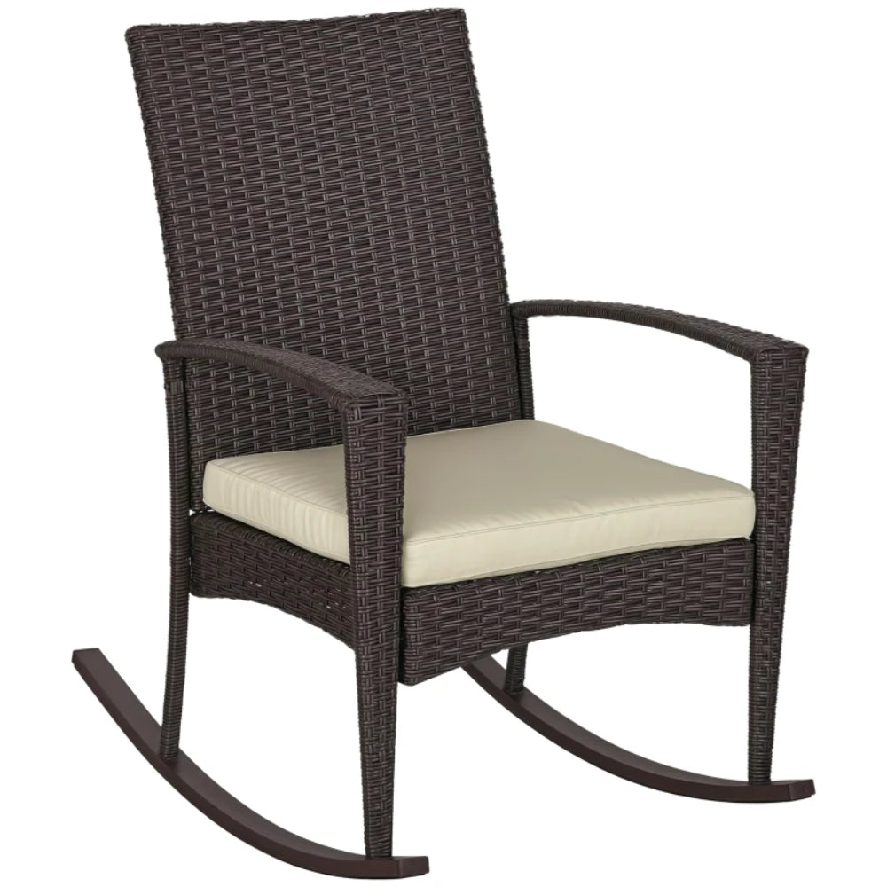 Outsunny PE Rattan Garden Rocking Chair, Outdoor Rocking with Cushion, 160 KG Capacity Wicker Garden Armchair Rocker with Metal Frame for Patio, Porch, Balcony