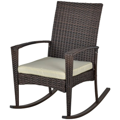 Outsunny PE Rattan Garden Rocking Chair, Outdoor Rocking with Cushion, 160 KG Capacity Wicker Garden Armchair Rocker with Metal Frame for Patio, Porch, Balcony