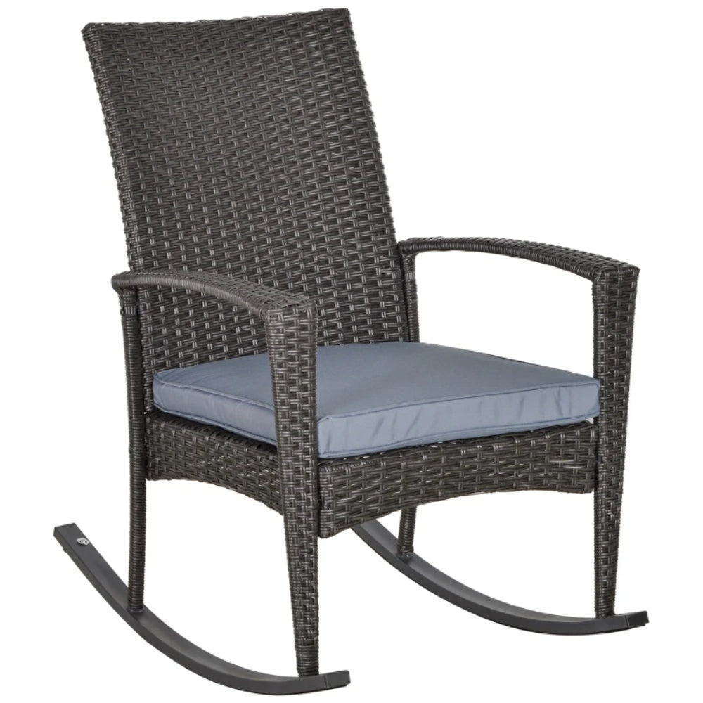 Outsunny PE Rattan Garden Rocking Chair, Outdoor Rocking with Cushion, 160 KG Capacity Wicker Garden Armchair Rocker with Metal Frame for Patio, Porch, Balcony
