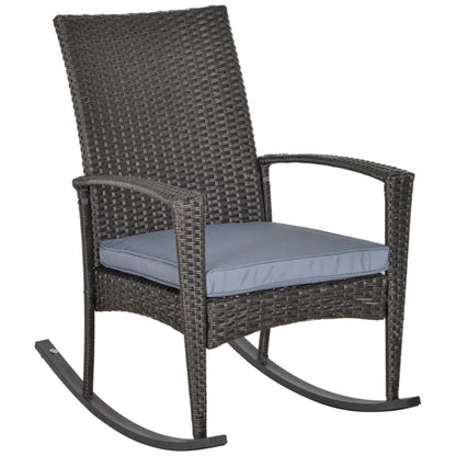 Outsunny PE Rattan Garden Rocking Chair, Outdoor Rocking with Cushion, 160 KG Capacity Wicker Garden Armchair Rocker with Metal Frame for Patio, Porch, Balcony