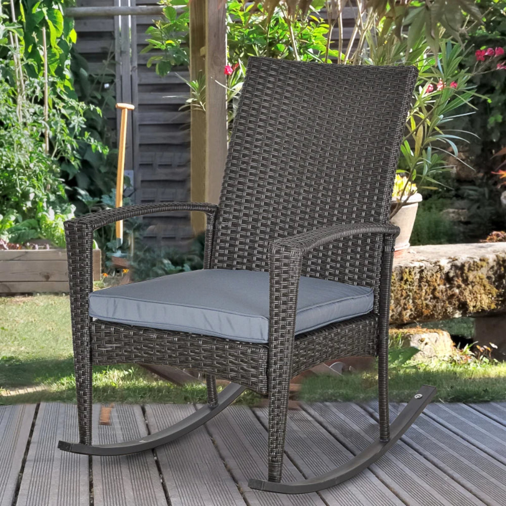 Outsunny PE Rattan Garden Rocking Chair, Outdoor Rocking with Cushion, 160 KG Capacity Wicker Garden Armchair Rocker with Metal Frame for Patio, Porch, Balcony