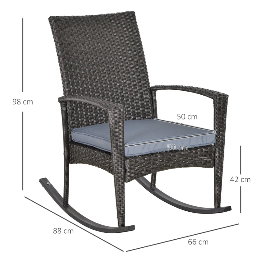 Outsunny PE Rattan Garden Rocking Chair, Outdoor Rocking with Cushion, 160 KG Capacity Wicker Garden Armchair Rocker with Metal Frame for Patio, Porch, Balcony