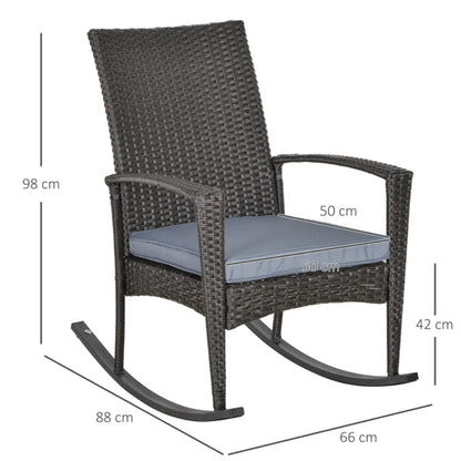 Outsunny PE Rattan Garden Rocking Chair, Outdoor Rocking with Cushion, 160 KG Capacity Wicker Garden Armchair Rocker with Metal Frame for Patio, Porch, Balcony