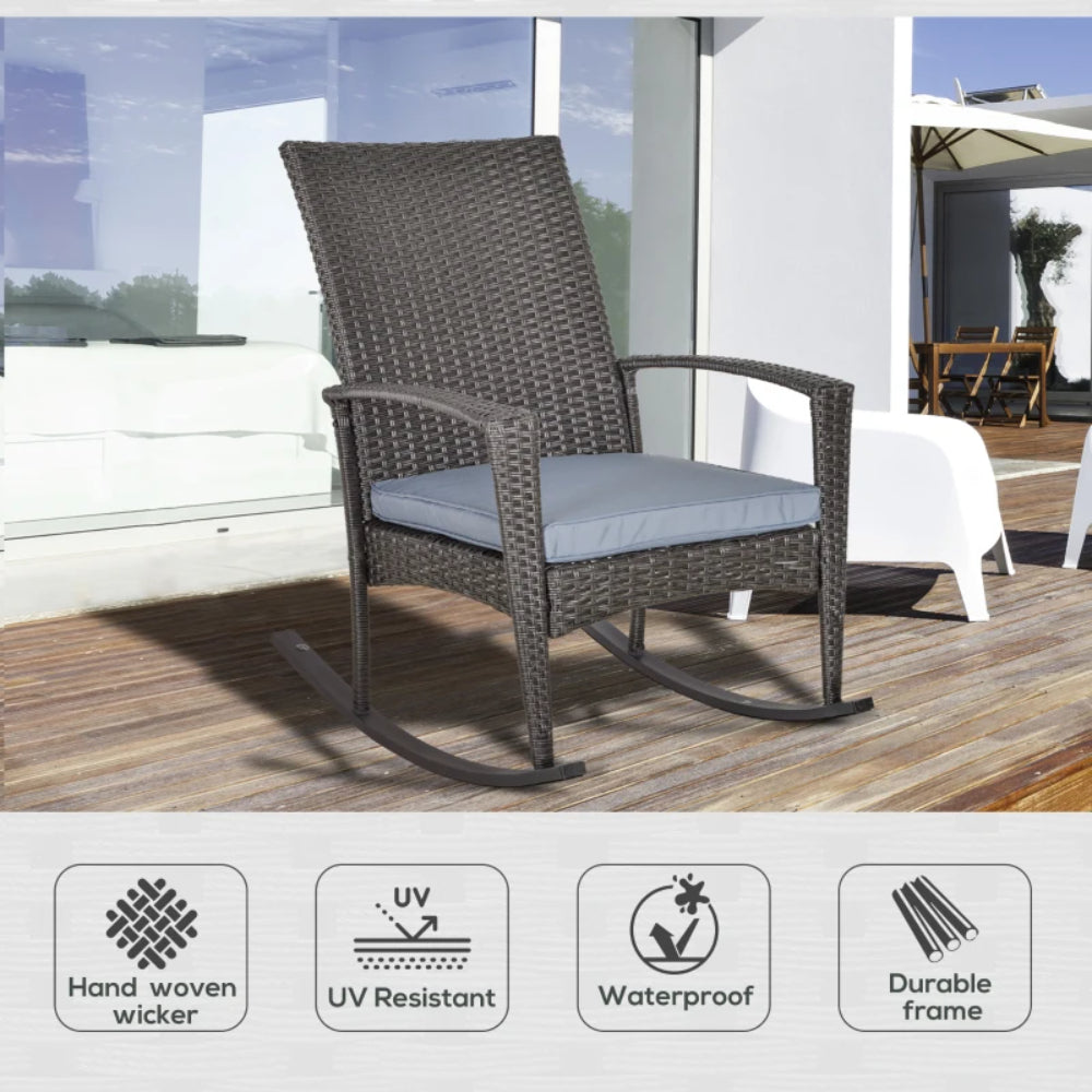 Outsunny PE Rattan Garden Rocking Chair, Outdoor Rocking with Cushion, 160 KG Capacity Wicker Garden Armchair Rocker with Metal Frame for Patio, Porch, Balcony