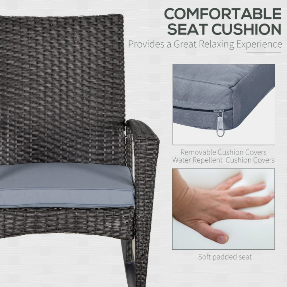 Outsunny PE Rattan Garden Rocking Chair, Outdoor Rocking with Cushion, 160 KG Capacity Wicker Garden Armchair Rocker with Metal Frame for Patio, Porch, Balcony