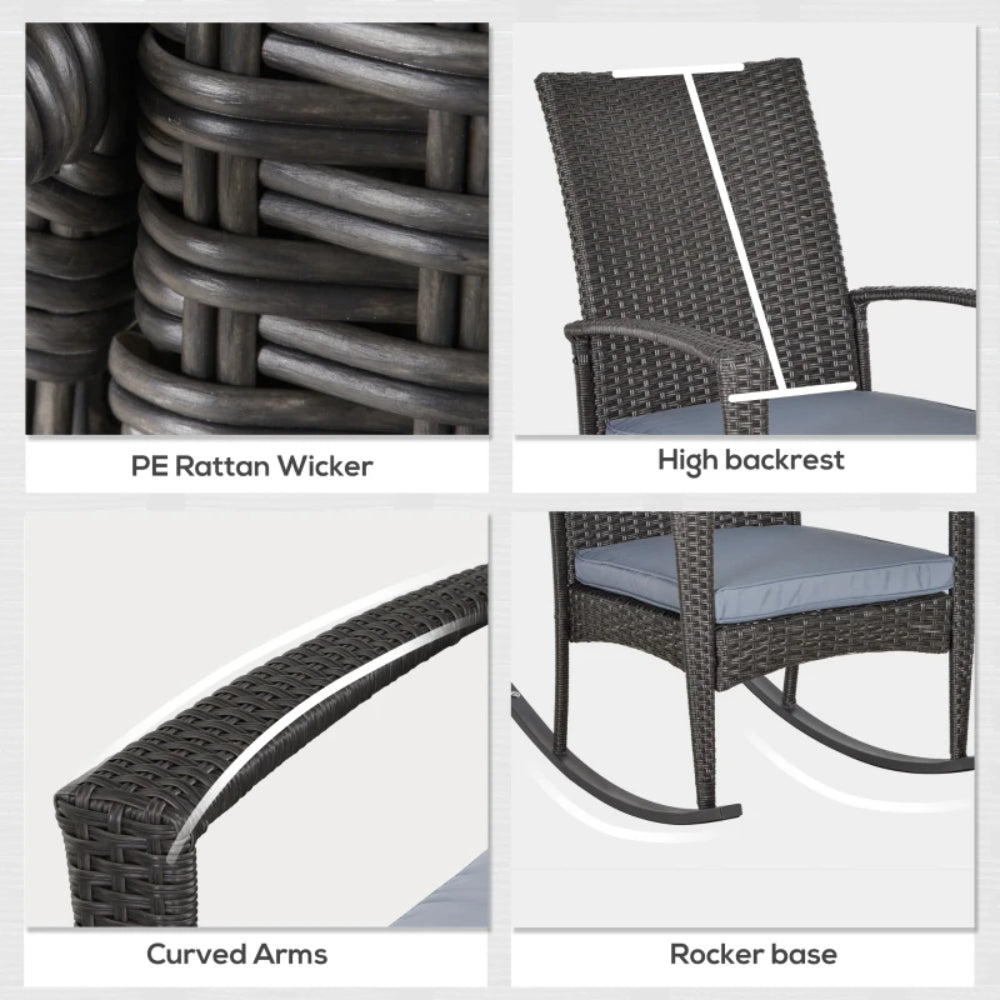 Outsunny PE Rattan Garden Rocking Chair, Outdoor Rocking with Cushion, 160 KG Capacity Wicker Garden Armchair Rocker with Metal Frame for Patio, Porch, Balcony