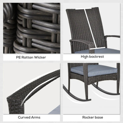 Outsunny PE Rattan Garden Rocking Chair, Outdoor Rocking with Cushion, 160 KG Capacity Wicker Garden Armchair Rocker with Metal Frame for Patio, Porch, Balcony