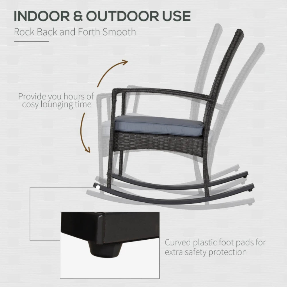 Outsunny PE Rattan Garden Rocking Chair, Outdoor Rocking with Cushion, 160 KG Capacity Wicker Garden Armchair Rocker with Metal Frame for Patio, Porch, Balcony