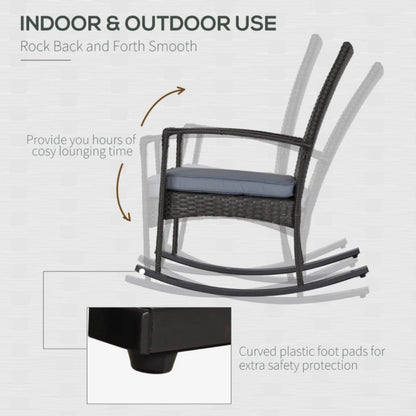 Outsunny PE Rattan Garden Rocking Chair, Outdoor Rocking with Cushion, 160 KG Capacity Wicker Garden Armchair Rocker with Metal Frame for Patio, Porch, Balcony