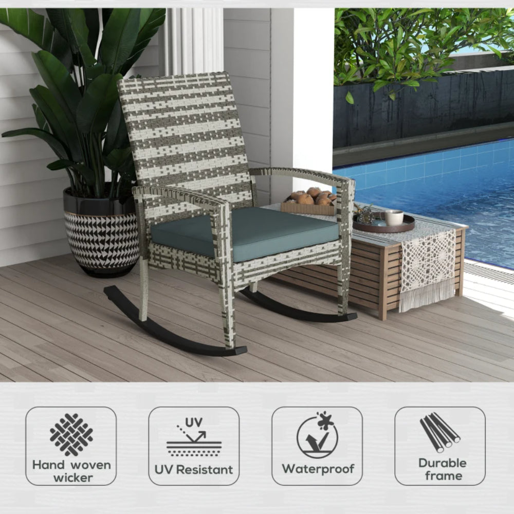 Outsunny PE Rattan Garden Rocking Chair, Outdoor Rocking with Cushion, 160 KG Capacity Wicker Garden Armchair Rocker with Metal Frame for Patio, Porch, Balcony