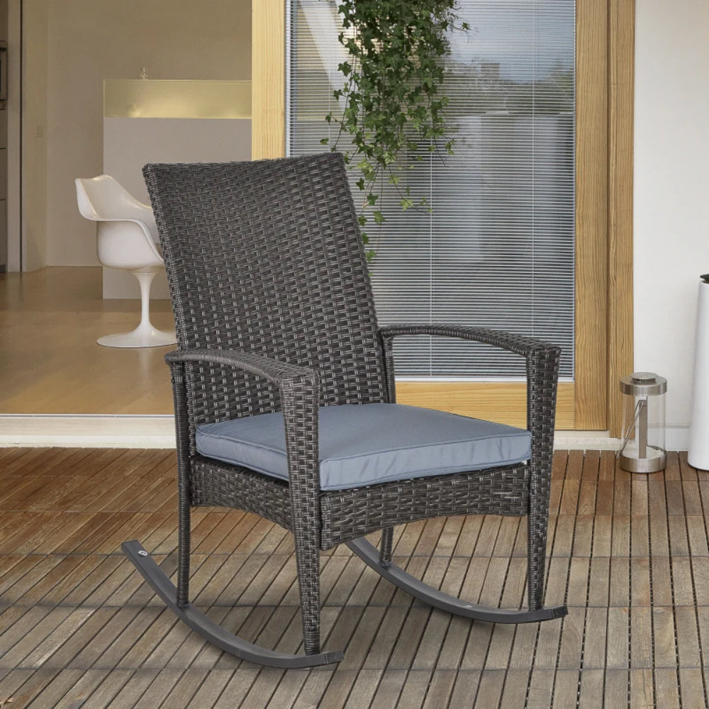 Outsunny PE Rattan Garden Rocking Chair, Outdoor Rocking with Cushion, 160 KG Capacity Wicker Garden Armchair Rocker with Metal Frame for Patio, Porch, Balcony