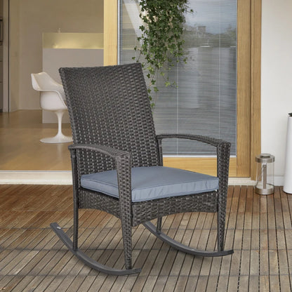 Outsunny PE Rattan Garden Rocking Chair, Outdoor Rocking with Cushion, 160 KG Capacity Wicker Garden Armchair Rocker with Metal Frame for Patio, Porch, Balcony