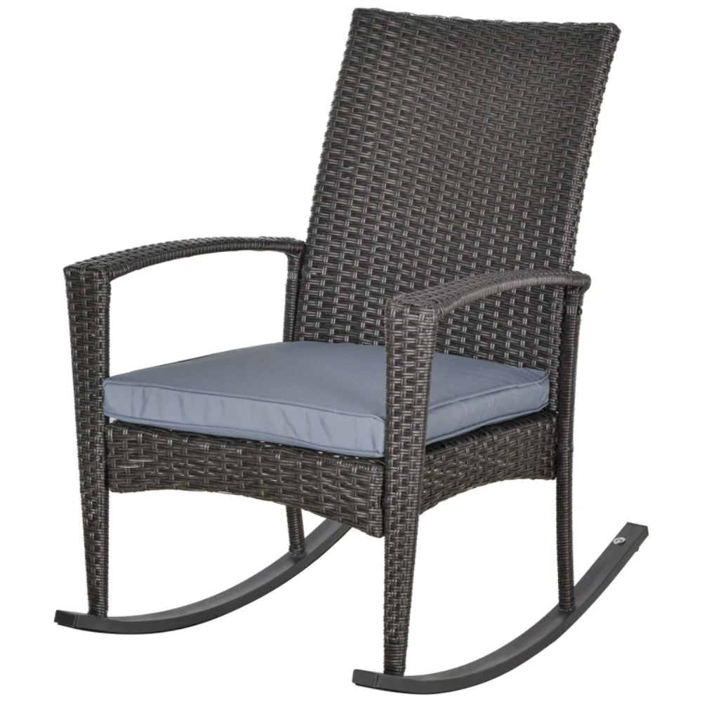 Outsunny PE Rattan Garden Rocking Chair, Outdoor Rocking with Cushion, 160 KG Capacity Wicker Garden Armchair Rocker with Metal Frame for Patio, Porch, Balcony