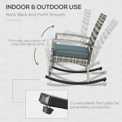Outsunny PE Rattan Garden Rocking Chair, Outdoor Rocking with Cushion, 160 KG Capacity Wicker Garden Armchair Rocker with Metal Frame for Patio, Porch, Balcony