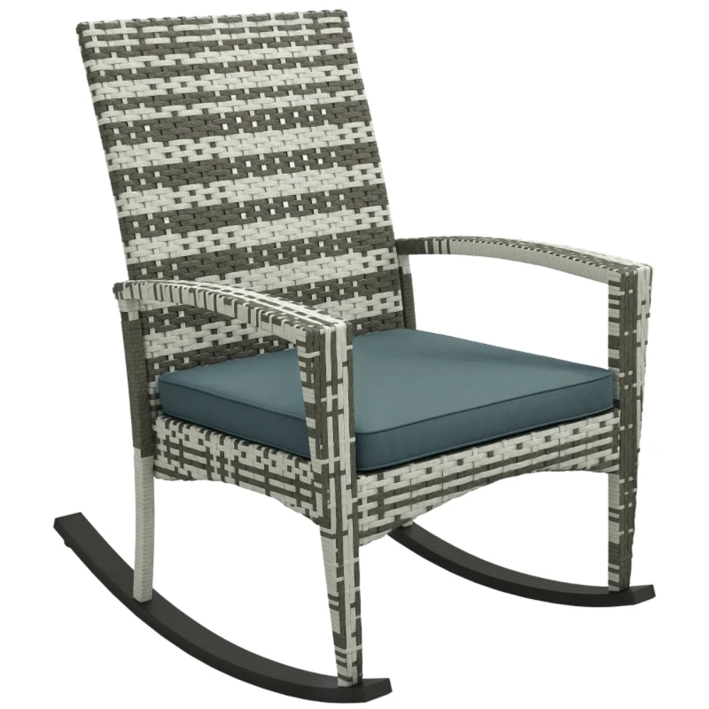 Outsunny PE Rattan Garden Rocking Chair, Outdoor Rocking with Cushion, 160 KG Capacity Wicker Garden Armchair Rocker with Metal Frame for Patio, Porch, Balcony