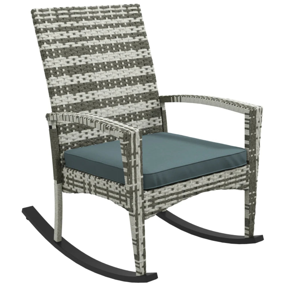 Outsunny PE Rattan Garden Rocking Chair, Outdoor Rocking with Cushion, 160 KG Capacity Wicker Garden Armchair Rocker with Metal Frame for Patio, Porch, Balcony