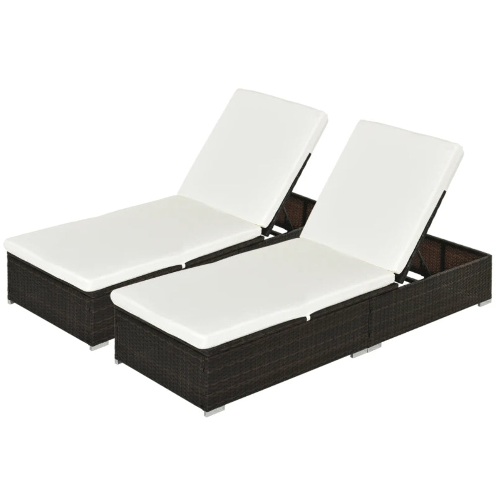 Outsunny PE Rattan Sun Lounger with Cushion, Outdoor Garden Sunbed Furniture with 5-Level Recliner Backrest, and Armrest, Set of 2, Brown