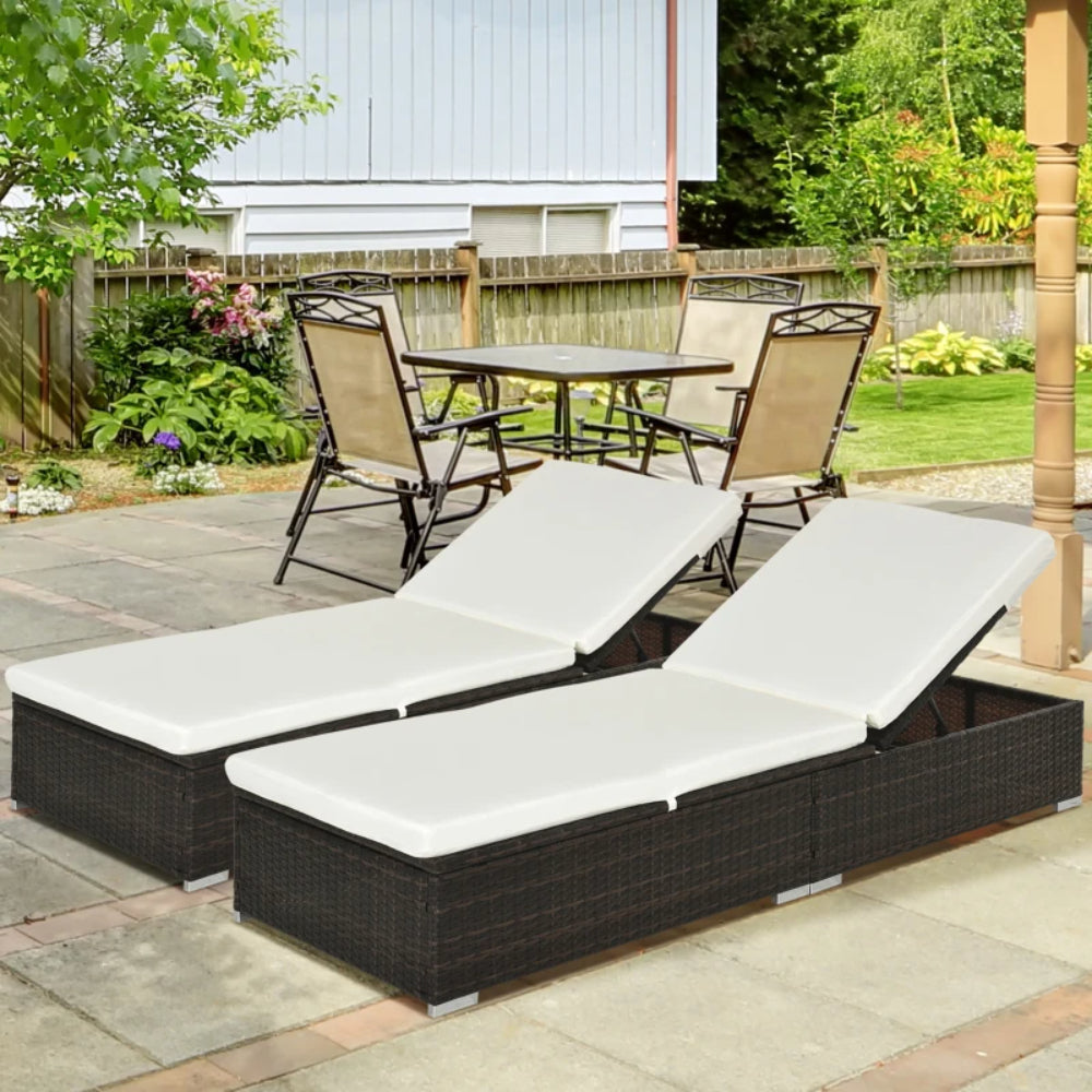 Outsunny PE Rattan Sun Lounger with Cushion, Outdoor Garden Sunbed Furniture with 5-Level Recliner Backrest, and Armrest, Set of 2, Brown
