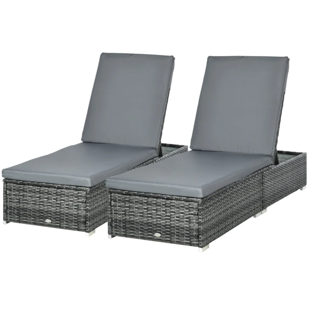 Outsunny PE Rattan Sun Loungers set of 2 with Cushion, Outdoor 2 Pieces Garden Sunbed Furniture with 5-Level Recliner Backrest, Reclining Patio Wicker Bed Chair, Grey