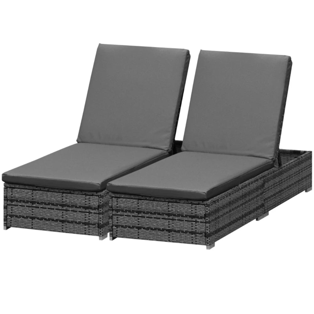 Outsunny PE Rattan Sun Loungers with Cushion, Outdoor Garden Sunbed Furniture with 5-Level Recliner Backrest, and Armrest, Set of 2, Grey