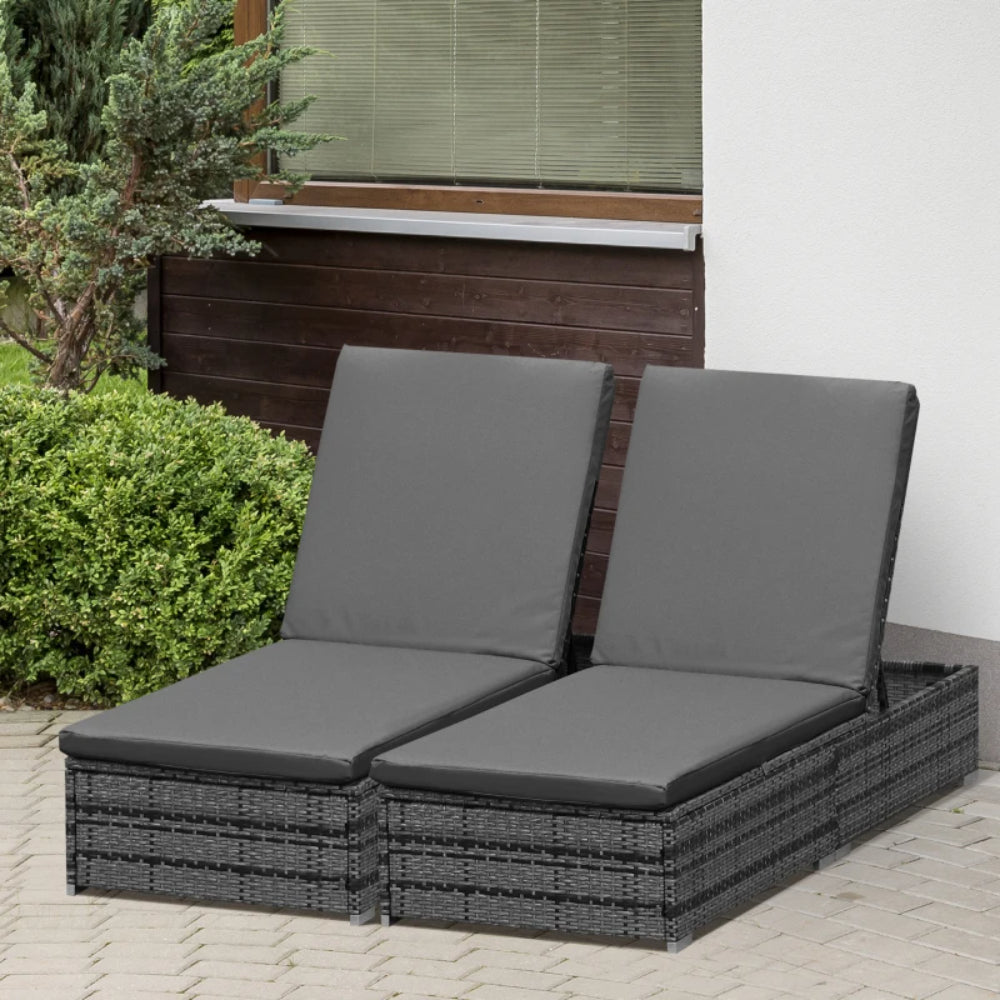 Outsunny PE Rattan Sun Loungers with Cushion, Outdoor Garden Sunbed Furniture with 5-Level Recliner Backrest, and Armrest, Set of 2, Grey