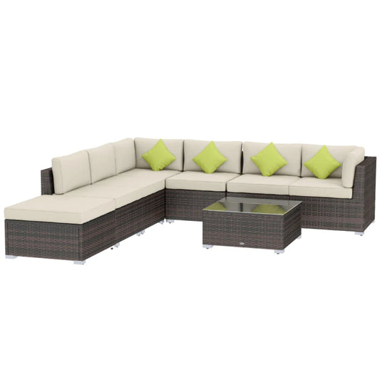 Outsunny 8 Piece Rattan Corner Sofa Set with Wide & Deep Seat, Assembled Aluminium PE Rattan Garden Furniture Set with Thick Cushions and Glass Top Table for Outdoor, Conservatory