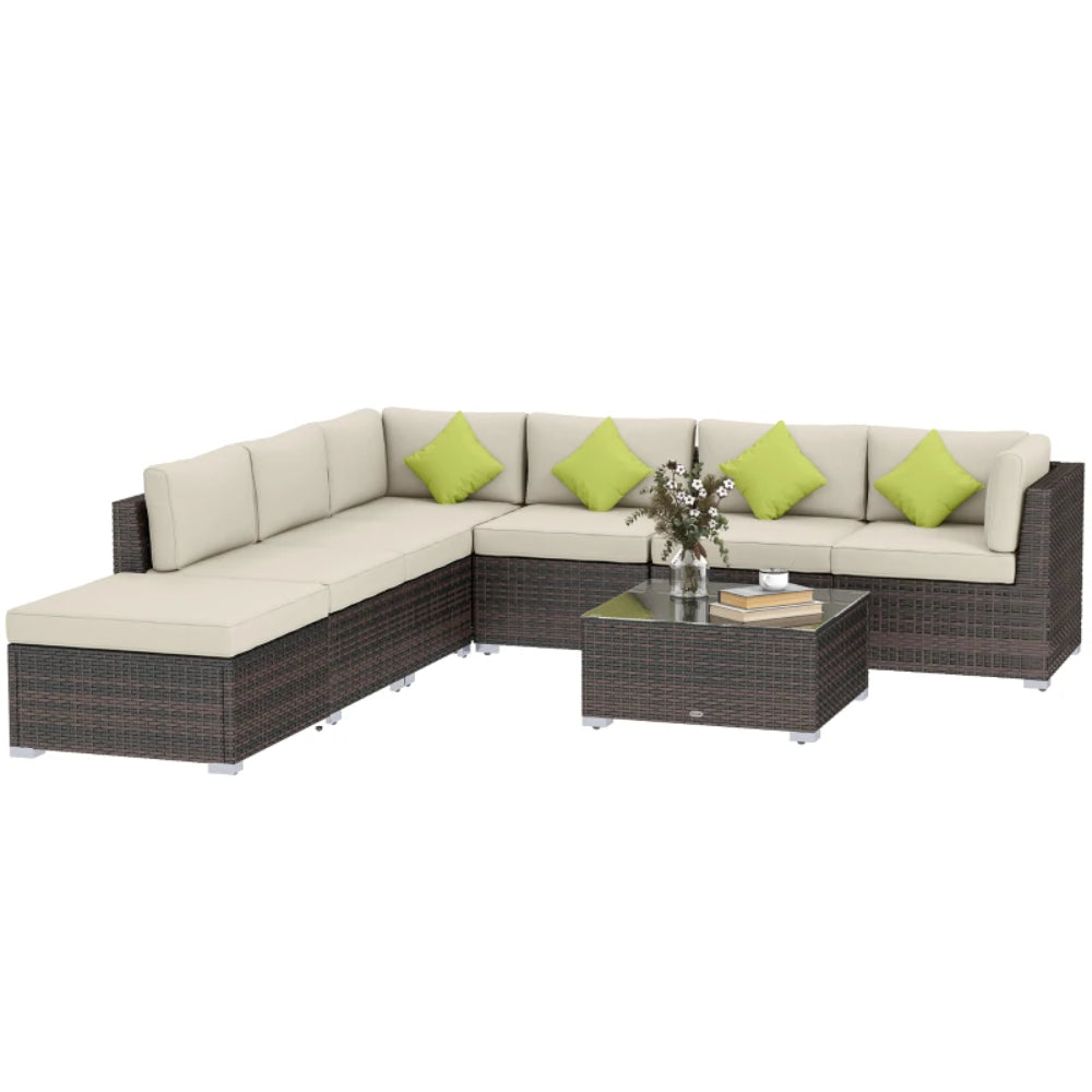 Outsunny 8 Piece Rattan Corner Sofa Set with Wide & Deep Seat, Assembled Aluminium PE Rattan Garden Furniture Set with Thick Cushions and Glass Top Table for Outdoor, Conservatory