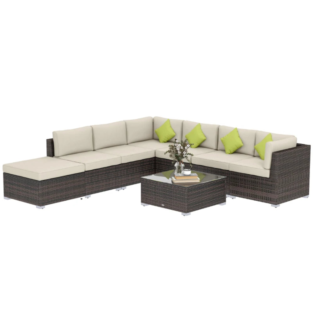 Outsunny 8 Piece Rattan Corner Sofa Set with Wide & Deep Seat, Assembled Aluminium PE Rattan Garden Furniture Set with Thick Cushions and Glass Top Table for Outdoor, Conservatory