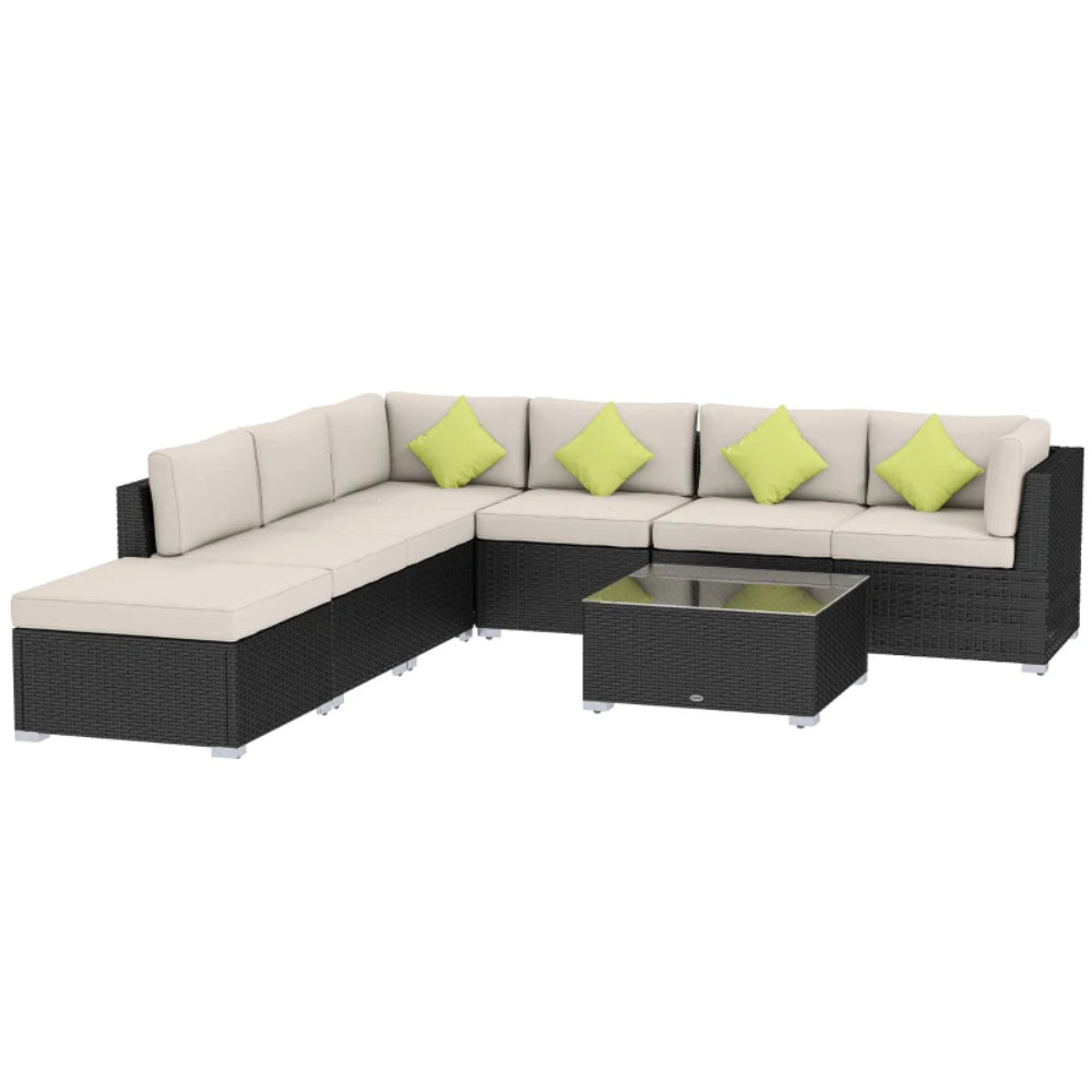 Outsunny 8 Piece Rattan Corner Sofa Set with Wide & Deep Seat, Assembled Aluminium PE Rattan Garden Furniture Set with Thick Cushions and Glass Top Table for Outdoor, Conservatory