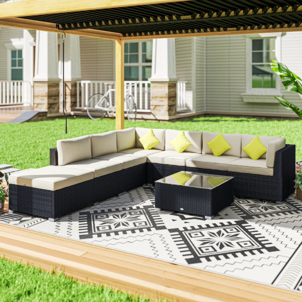 Outsunny 8 Piece Rattan Corner Sofa Set with Wide & Deep Seat, Assembled Aluminium PE Rattan Garden Furniture Set with Thick Cushions and Glass Top Table for Outdoor, Conservatory