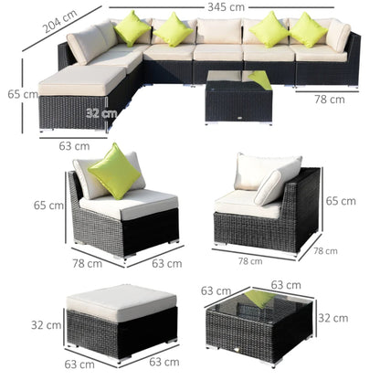 Outsunny 8 Piece Rattan Corner Sofa Set with Wide & Deep Seat, Assembled Aluminium PE Rattan Garden Furniture Set with Thick Cushions and Glass Top Table for Outdoor, Conservatory