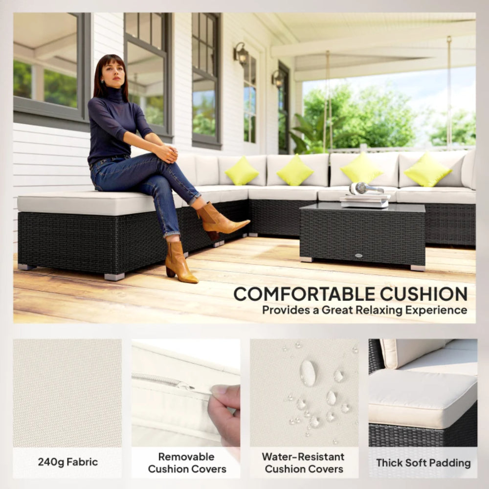 Outsunny 8 Piece Rattan Corner Sofa Set with Wide & Deep Seat, Assembled Aluminium PE Rattan Garden Furniture Set with Thick Cushions and Glass Top Table for Outdoor, Conservatory