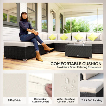 Outsunny 8 Piece Rattan Corner Sofa Set with Wide & Deep Seat, Assembled Aluminium PE Rattan Garden Furniture Set with Thick Cushions and Glass Top Table for Outdoor, Conservatory