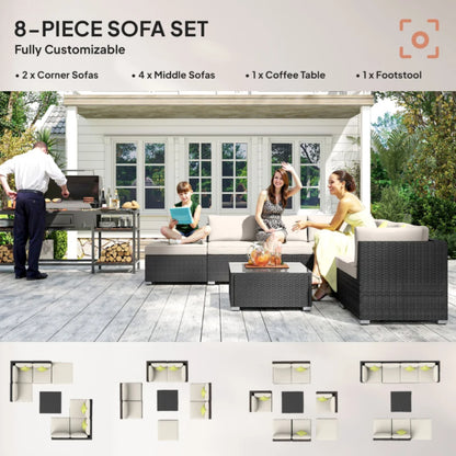 Outsunny 8 Piece Rattan Corner Sofa Set with Wide & Deep Seat, Assembled Aluminium PE Rattan Garden Furniture Set with Thick Cushions and Glass Top Table for Outdoor, Conservatory