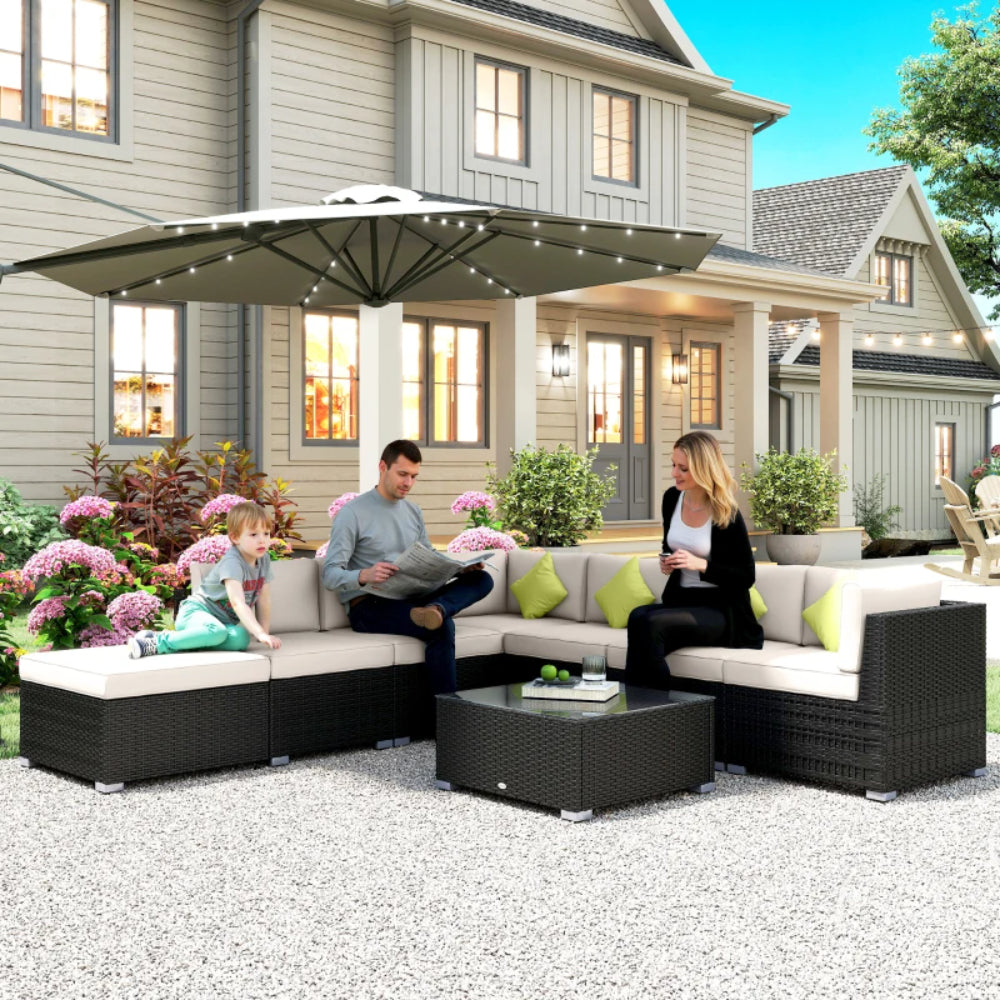 Outsunny 8 Piece Rattan Corner Sofa Set with Wide & Deep Seat, Assembled Aluminium PE Rattan Garden Furniture Set with Thick Cushions and Glass Top Table for Outdoor, Conservatory