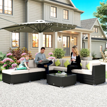 Outsunny 8 Piece Rattan Corner Sofa Set with Wide & Deep Seat, Assembled Aluminium PE Rattan Garden Furniture Set with Thick Cushions and Glass Top Table for Outdoor, Conservatory