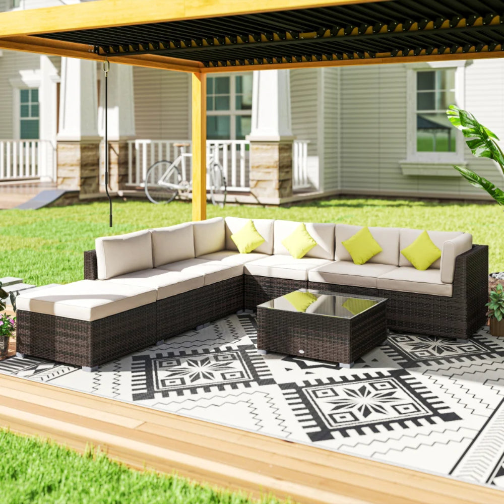 Outsunny 8 Piece Rattan Corner Sofa Set with Wide & Deep Seat, Assembled Aluminium PE Rattan Garden Furniture Set with Thick Cushions and Glass Top Table for Outdoor, Conservatory