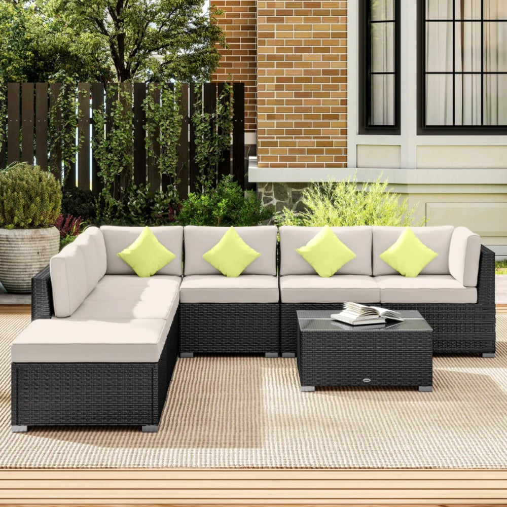 Outsunny 8 Piece Rattan Corner Sofa Set with Wide & Deep Seat, Assembled Aluminium PE Rattan Garden Furniture Set with Thick Cushions and Glass Top Table for Outdoor, Conservatory
