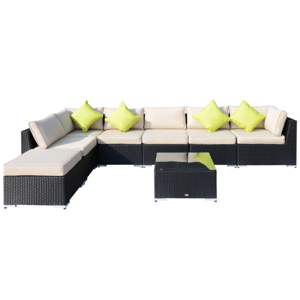 Outsunny 8 Piece Rattan Corner Sofa Set with Wide & Deep Seat, Assembled Aluminium PE Rattan Garden Furniture Set with Thick Cushions and Glass Top Table for Outdoor, Conservatory