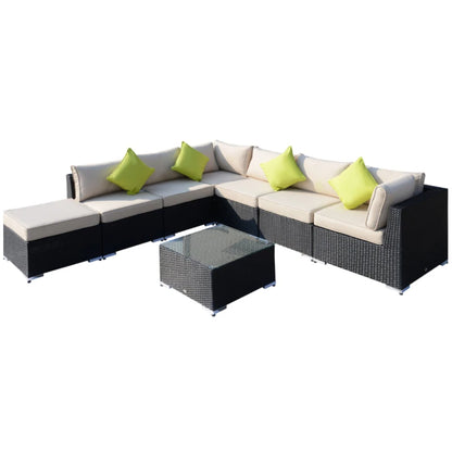 Outsunny 8 Piece Rattan Corner Sofa Set with Wide & Deep Seat, Assembled Aluminium PE Rattan Garden Furniture Set with Thick Cushions and Glass Top Table for Outdoor, Conservatory